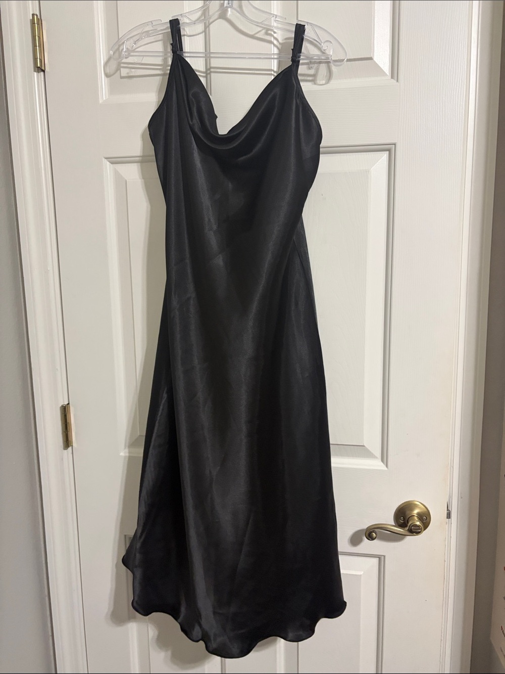 NWT Bebe Black Satin Midi Slip Dress with Cowl Neck “Little Black Dress”